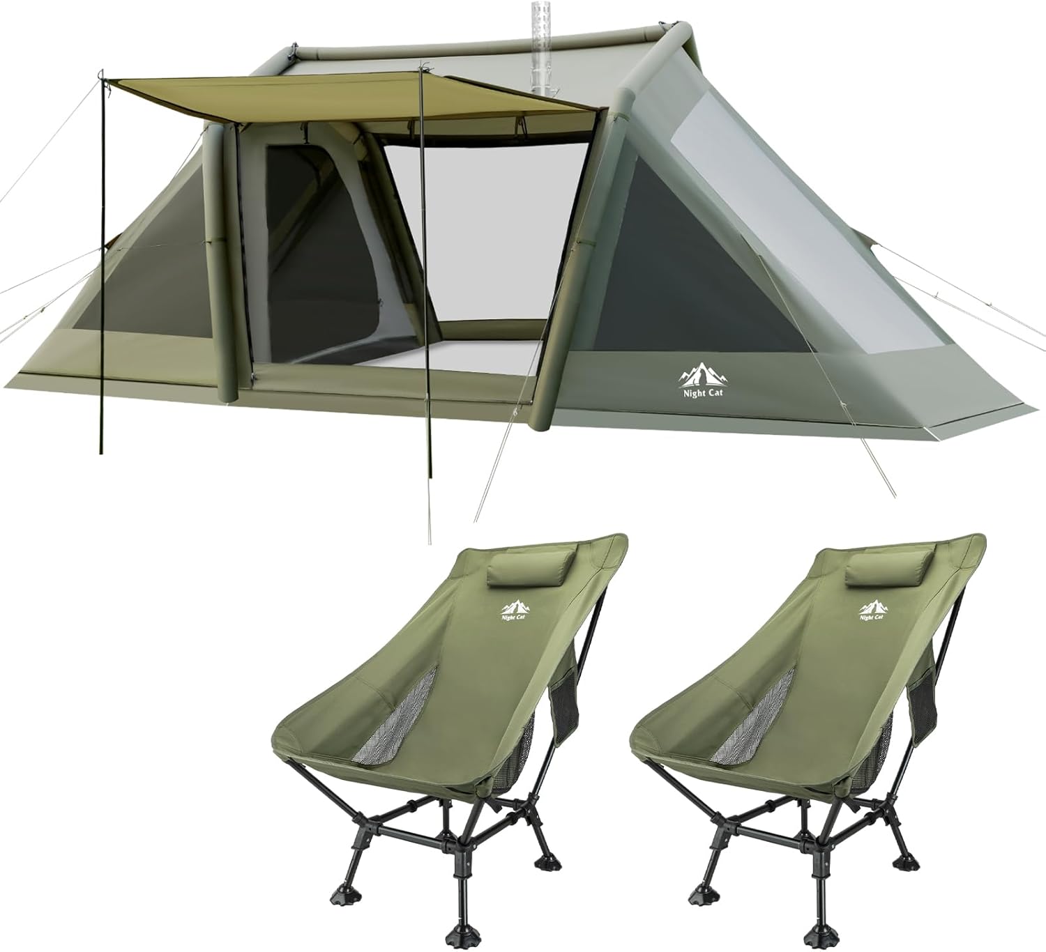 Night Cat 8-Person Inflatable Tent with High-Back Camping Chair Waterproof Spacious Blow-up Tent with Easy Set Up Pump for Family Winter Camping and Outdoor Events