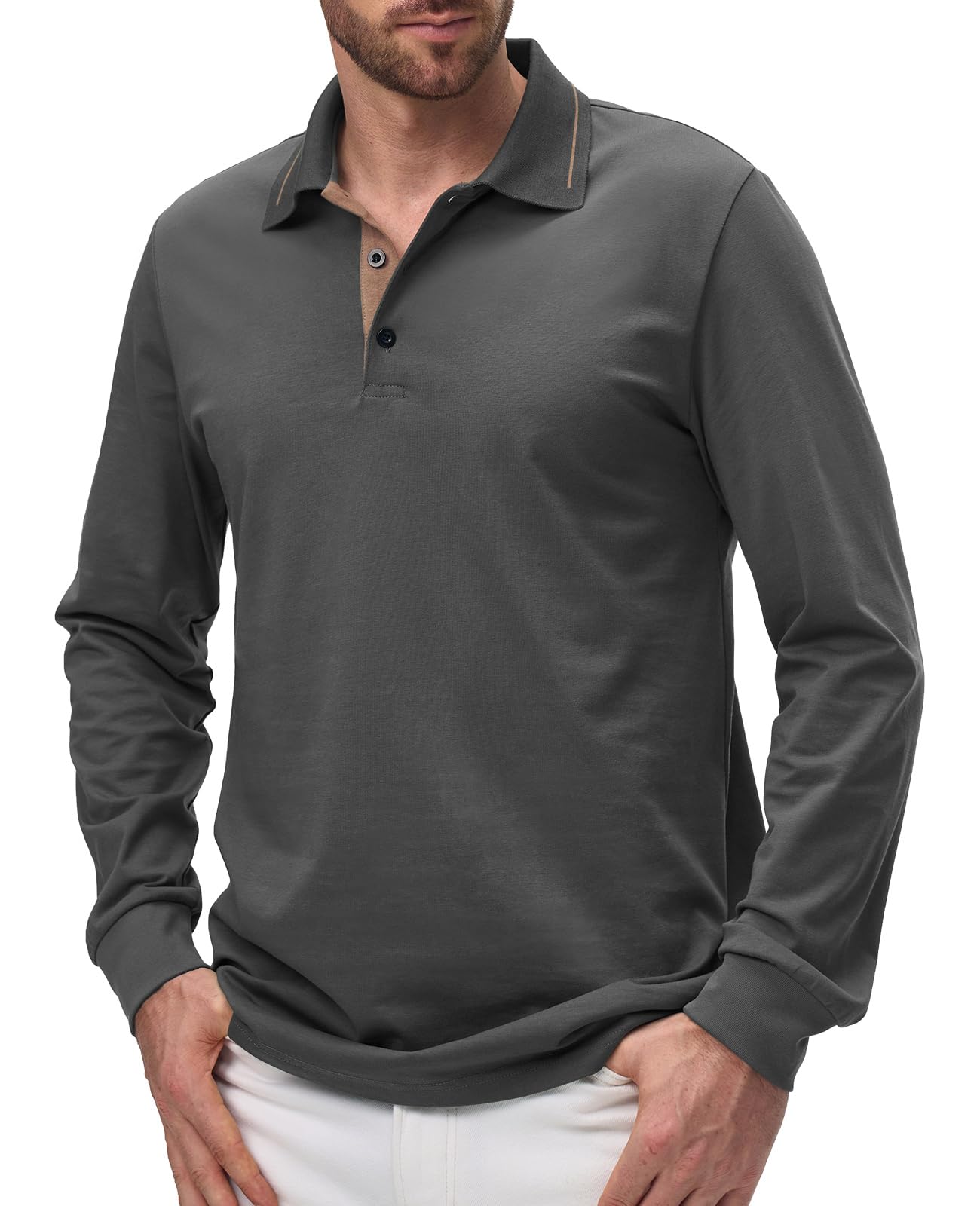 Comilaka Uomo Polo Casual Manica Lunga Poloshirt Top Golf Maglietta Cotone Colori a Contrasto Autunno Inverno Classico