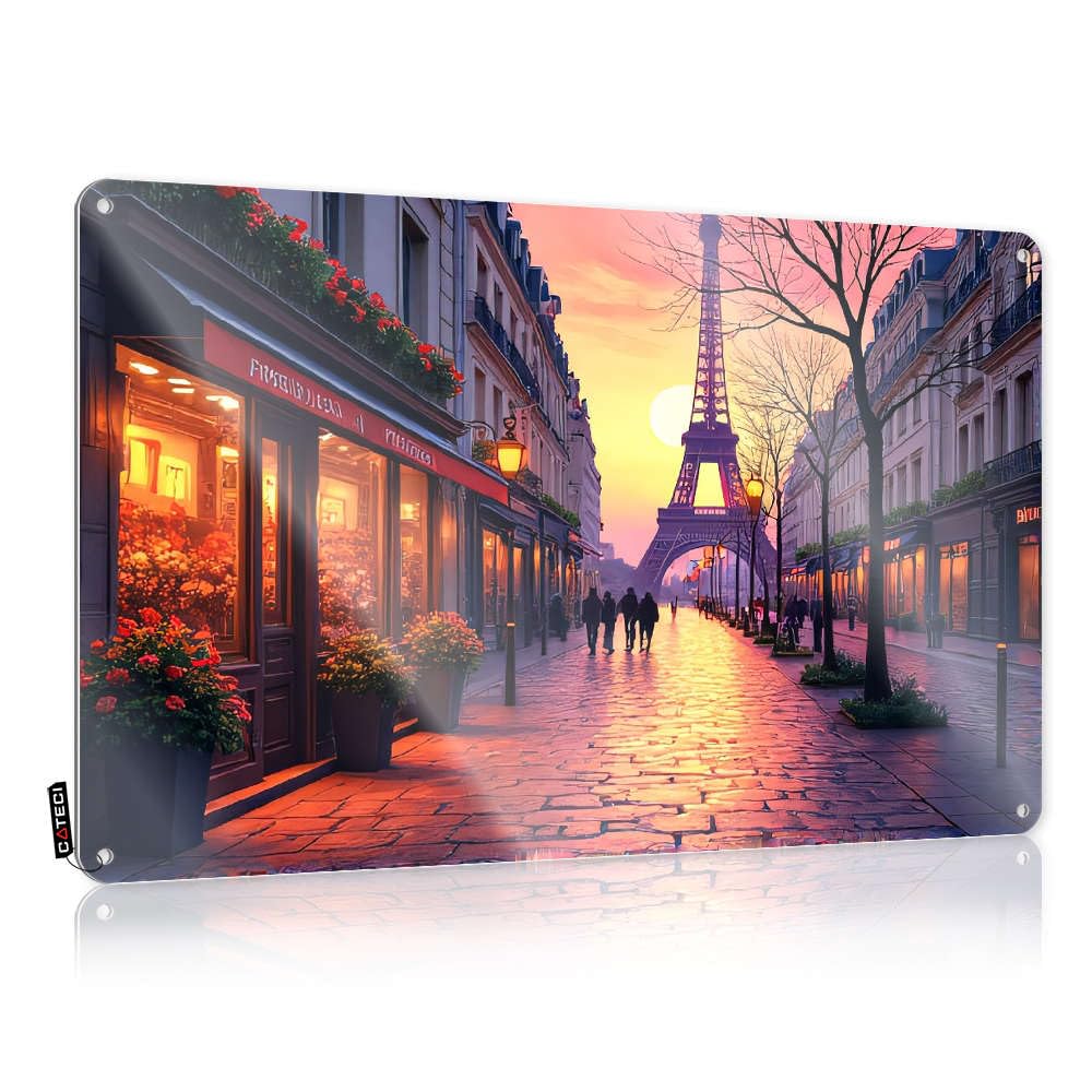 Decore Metal Wall Decoration Rustic Anniversary | A Picturesque Street In Paris With The Eiffel Tower In The Background. Awesome Metal Wall Decor For Camping Home(20X30CM)