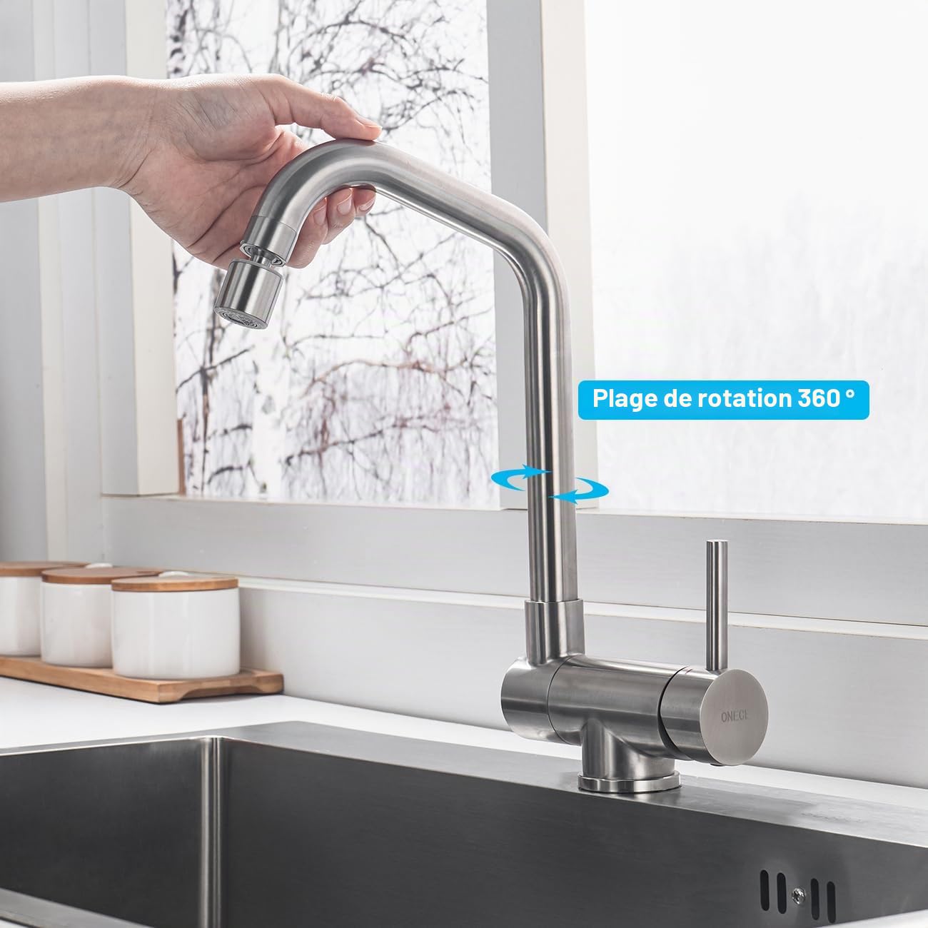 ONECE Robinet de Cuisine Rabattable avec Tête de Pulvérisation Rotative, Mitigeur Evier 2 Jets, Robinettrie Pliable devant Fenêtre, Pivotant à 360°, Acier Inox SS304, Brossé