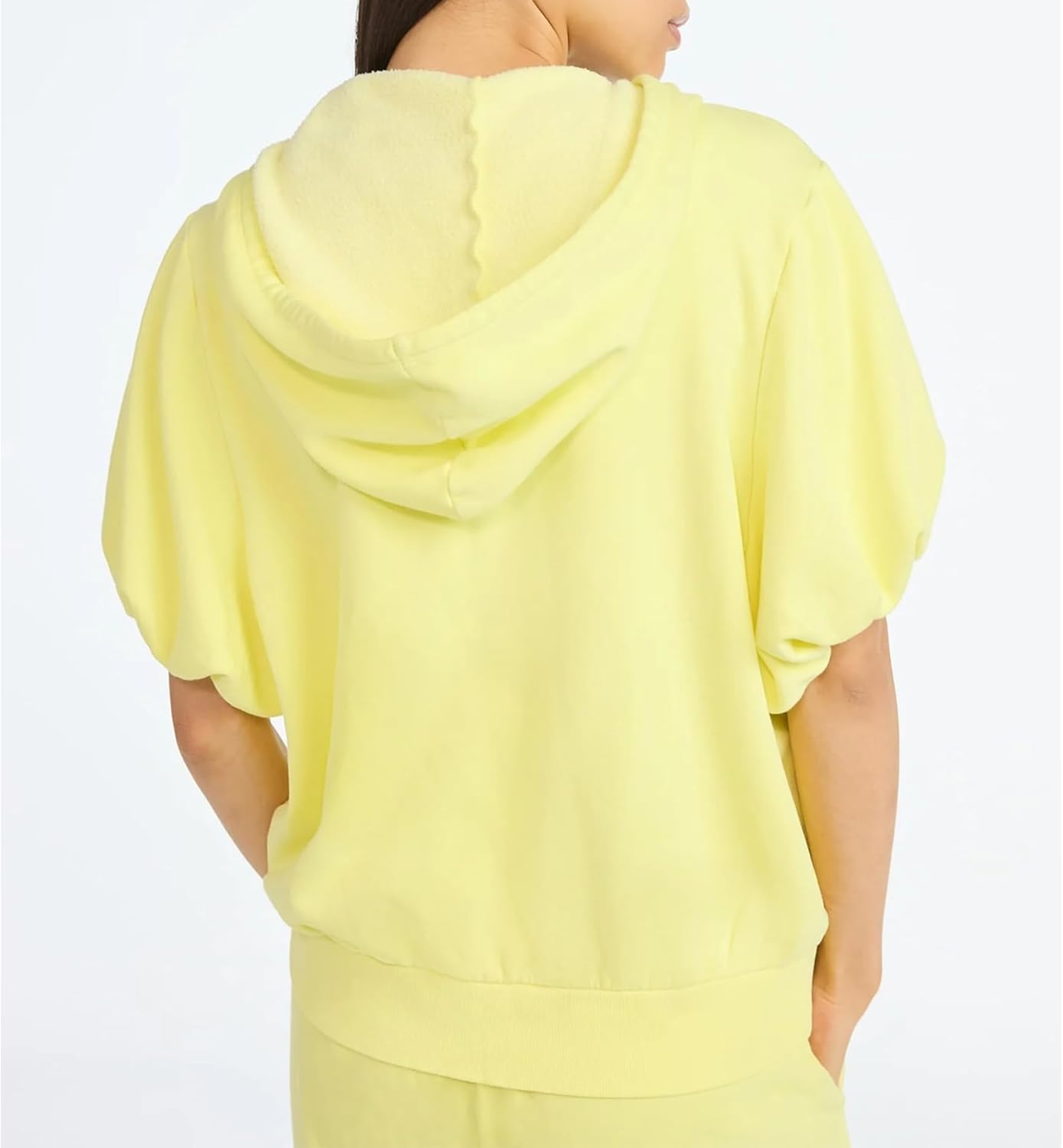 Songling Women's Zip Up Short Puff Sleeve Hoodies Athletic Fleece Lined Acid Washed Sweatshirt with Drawstrings Spring Tops