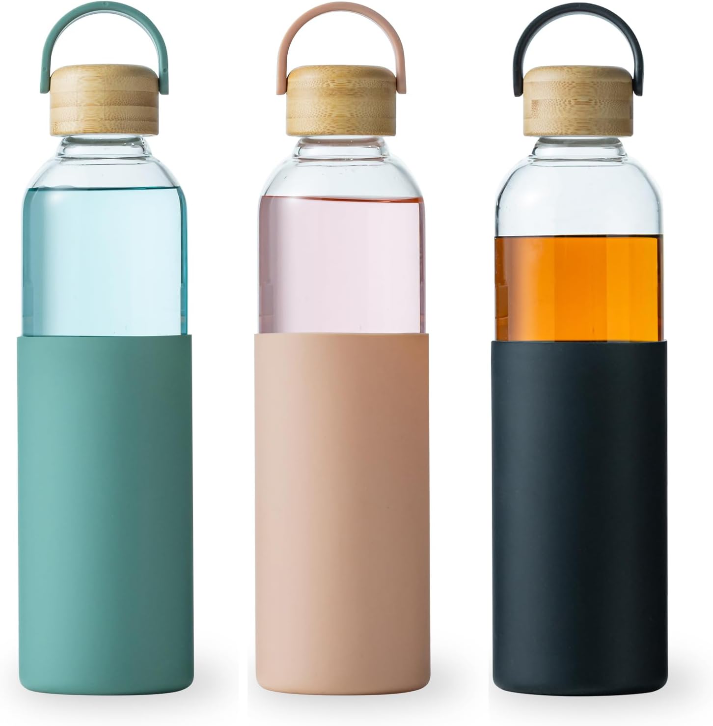 34oz Glass Water Bottles with Silicone Sleeve, BPA Free Water Bottle Glass with Leak-Proof Lid, Reusable Water Bottle for Hot & Cold, Ideal for Hiking Travel Gym office (GreenPinkBlack)