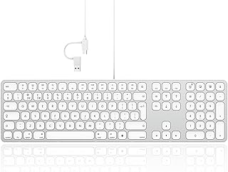 Seenda Wired Backlit Keyboard for Mac OS, Full-size Slim Keyboard with USB A and Type C 2-in-1 Connector for Apple iMac, MacBook Pro/Air, Mac Pro, Mac Mini, UK Mac Layout - White and Silver