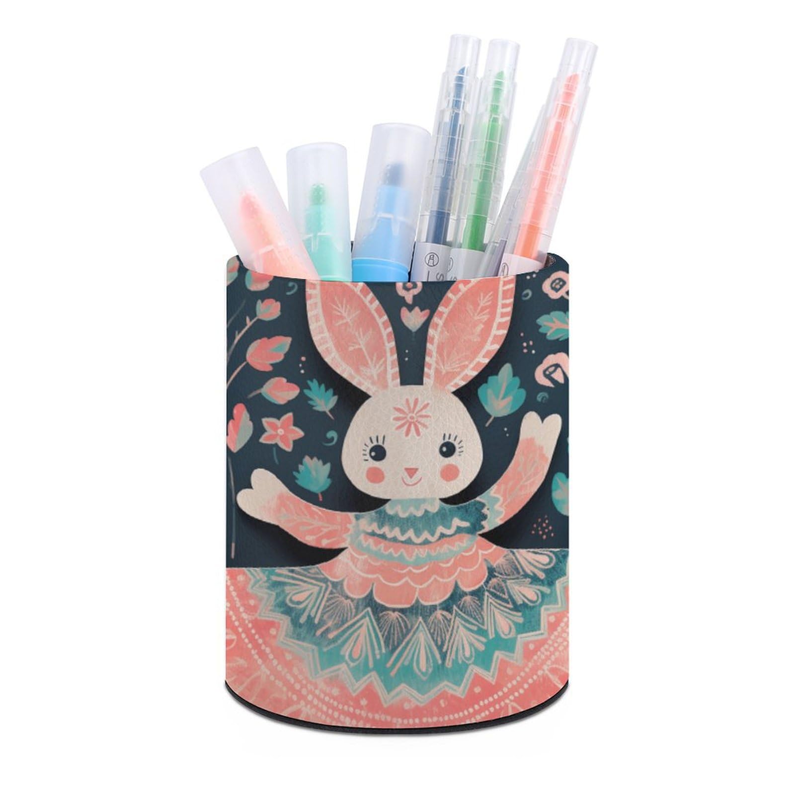 KLOPH PU Leather Pen Holder for Desk, Aesthetic Pencil Cup for Desktop, Makeup Brush Srotage for PenOrganizer Office Supplies, Peach Cartoon Bunny Pen Cup Pencil Caddy for Home Art Supply
