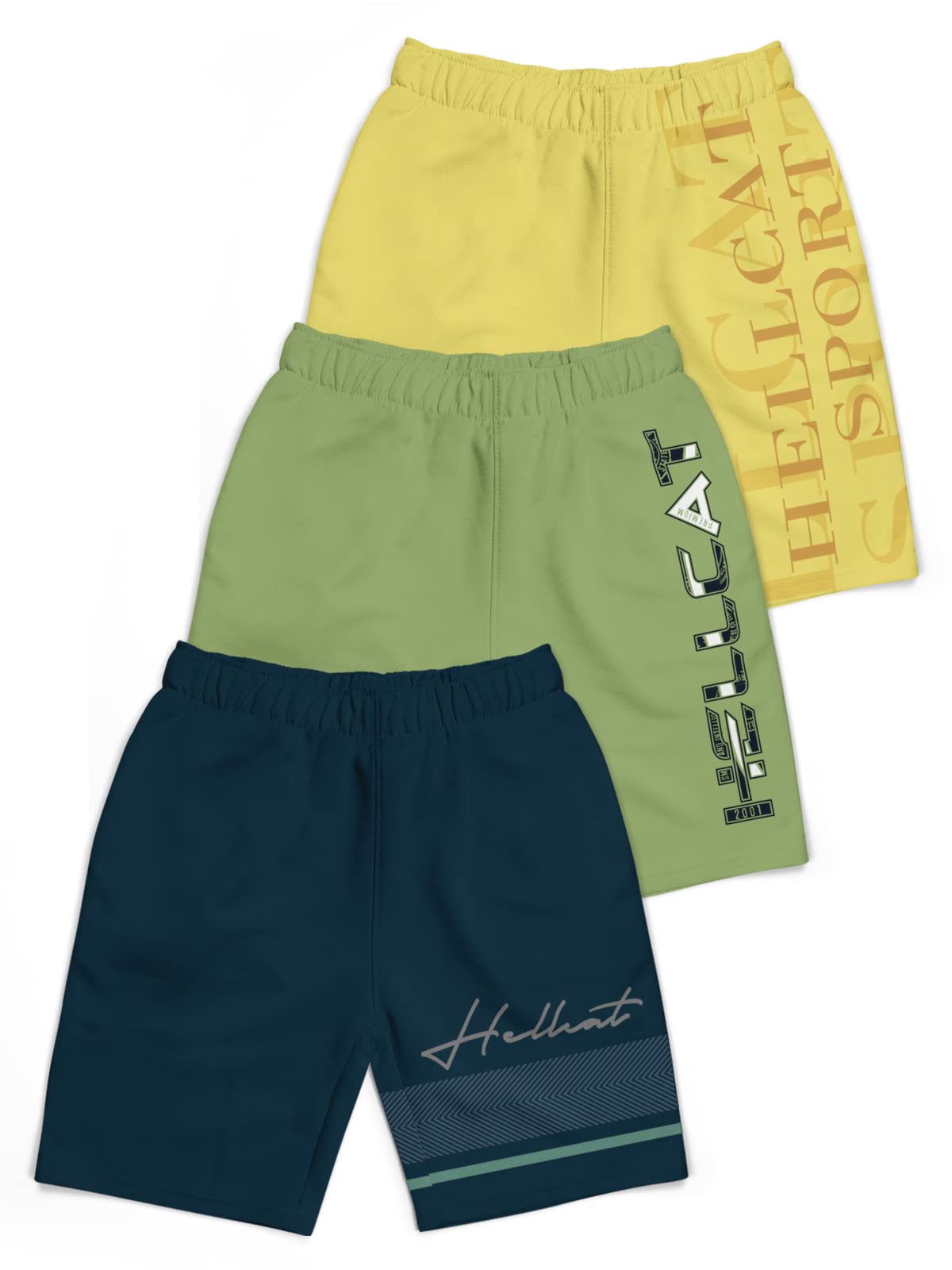 HELLCAT Pack of 3 Trendy Typographic Printed Mid Rise Shorts for Boys