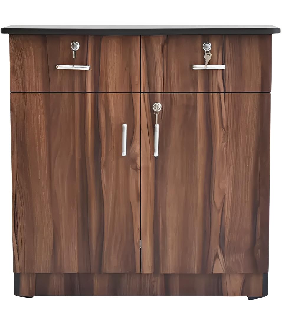 Woodcraafts Multipurpose Brown Engineered Wood Cabinet with Two Doors & Drawers Engineered Wood Free Standing Cabinet (Finish Color - Walnut, Door Type- Hinged, Pre-Assembled)