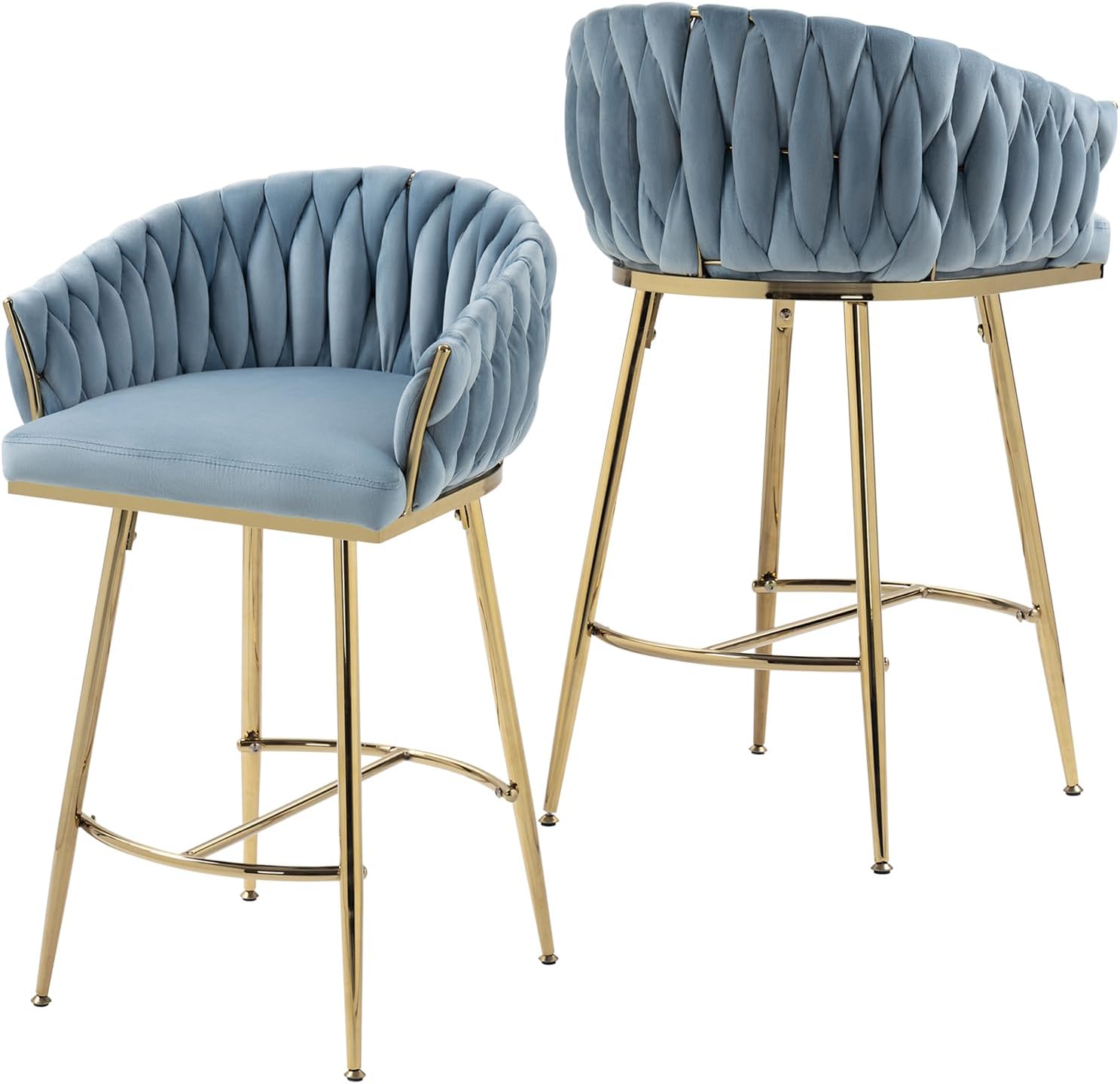 Kiztir Velvet Bar Stools Set of 2, Counter Height Bar Stools with Gold Metal Legs, Modern Bar Stools with Woven Back and Footrest for Kitchen Island, Cafe, Pub (Blue, Set of 2)