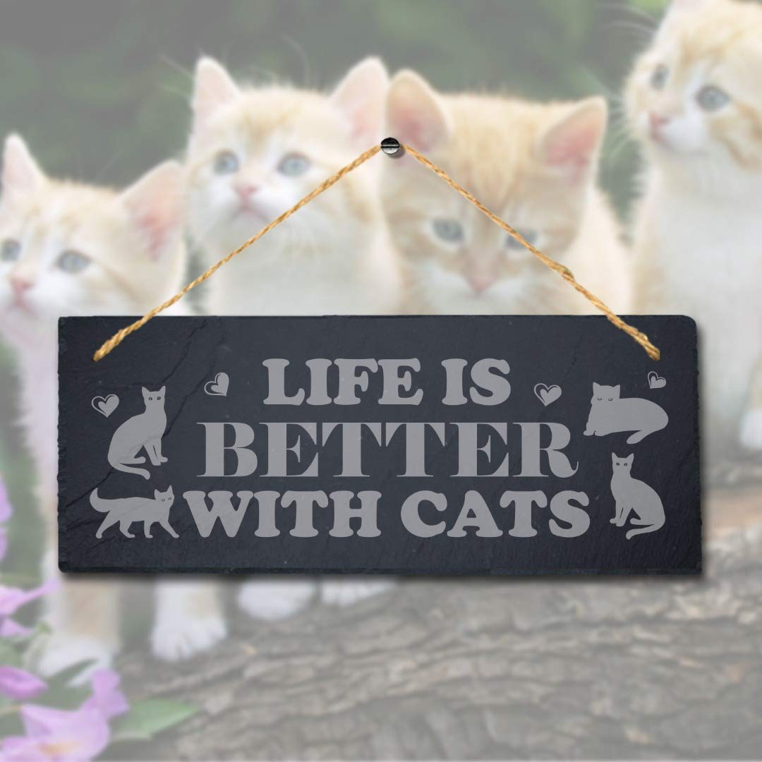 Stukk Dogs Pet Funny Laser Hanging Kitten Pup Puppy Home (Life is Better with Cats), Natural Engraved Slate Stone Plaque - Image 2