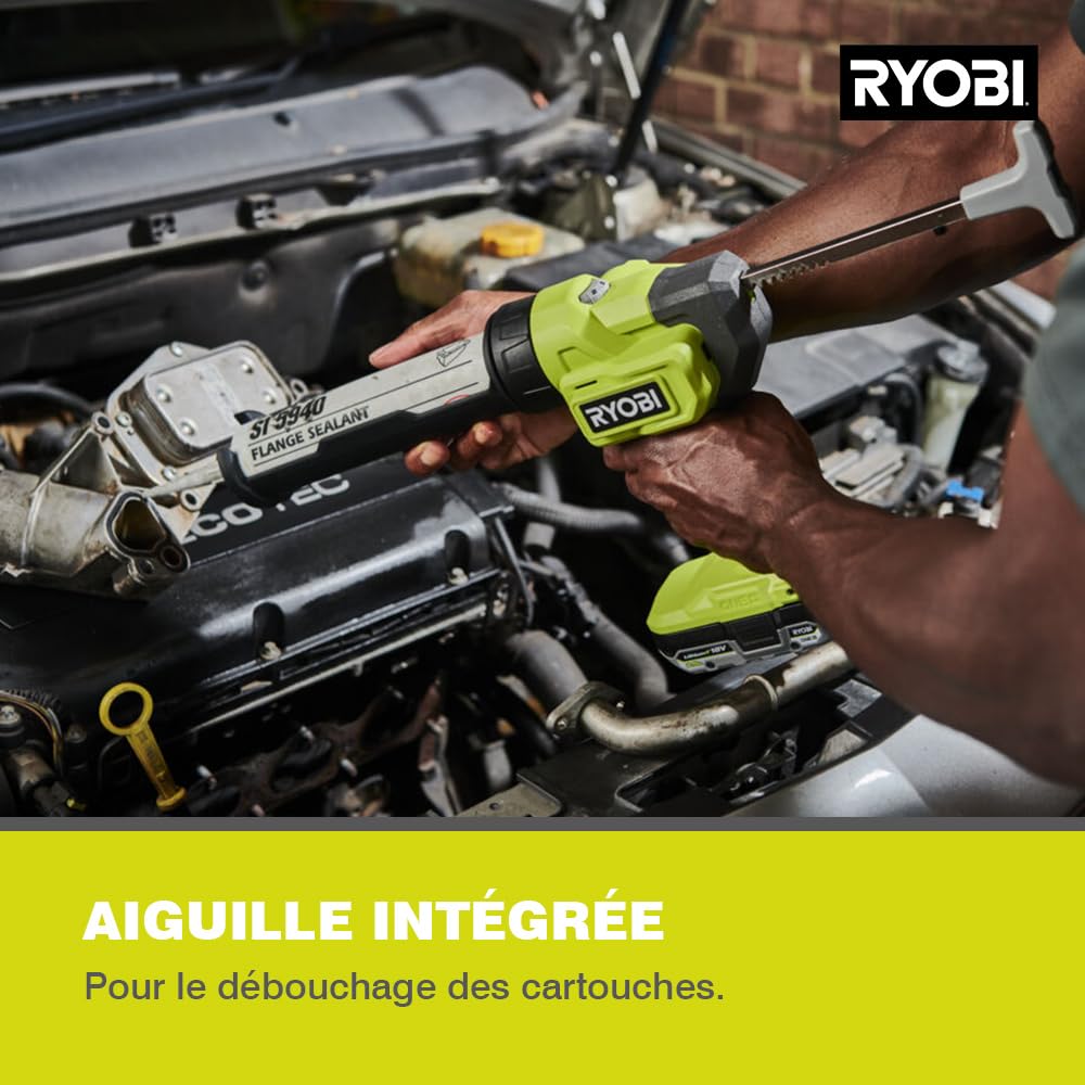 RYOBI - Pistolet à Cartouche Sans Fil 18V ONE+ RCG18-0 – Débit Réglable, Pression Jusqu’à 2 225 N, Pour cartouche : 310 mL, Idéal Silicone, Mastic et Colle – Travaux Précis – Batterie Non Incluse