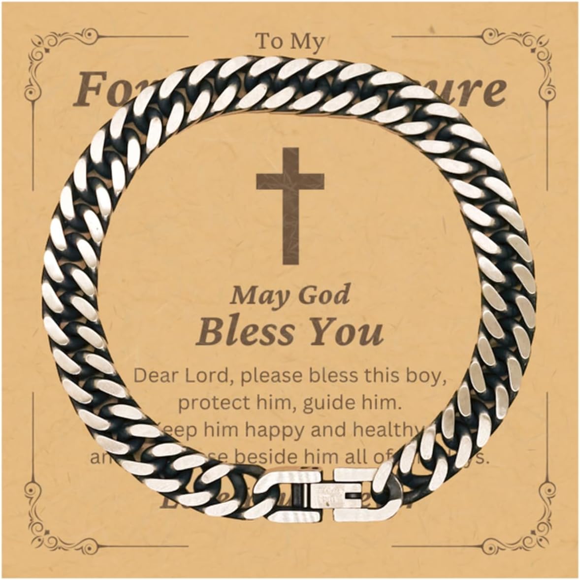Gifts To My Forever Treasure Cuban Link Bracelet - Dear Lord Please Bless This Boys - Cross Catholic Christian Baptism First Communion Confirmation Christmas Gifts