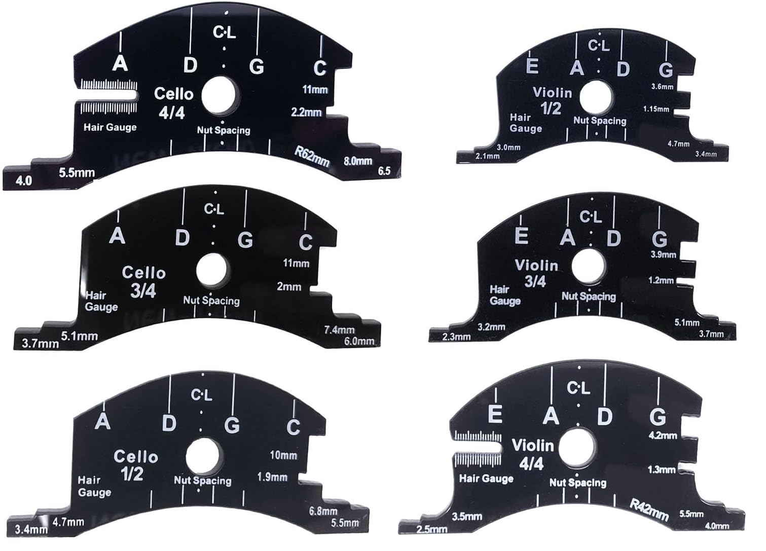 TUOREN Violin Cello Bridge Fingerboard Template Making Repair Reference Tool 1/2 3/4 4/4 6pcs 6-Templates (Violin +Cello)