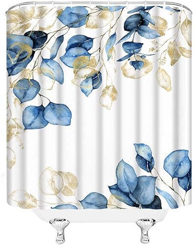 Miniatura 3 de Cortina de ducha de hojas azules doradas, hojas de eucalipto, acuarela, botánica, floral, naturaleza, rústico, cortina de ducha de tela con ganchos