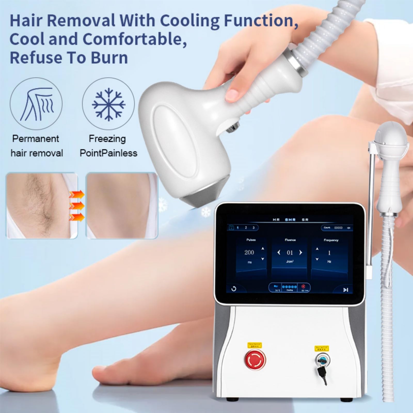 Dispositivo profesional de depilación láser de diodo de 808 nm, depilación permanente e indolora, pantalla de alta definición, con mango refrigerado, apto para uso doméstico y en spas.