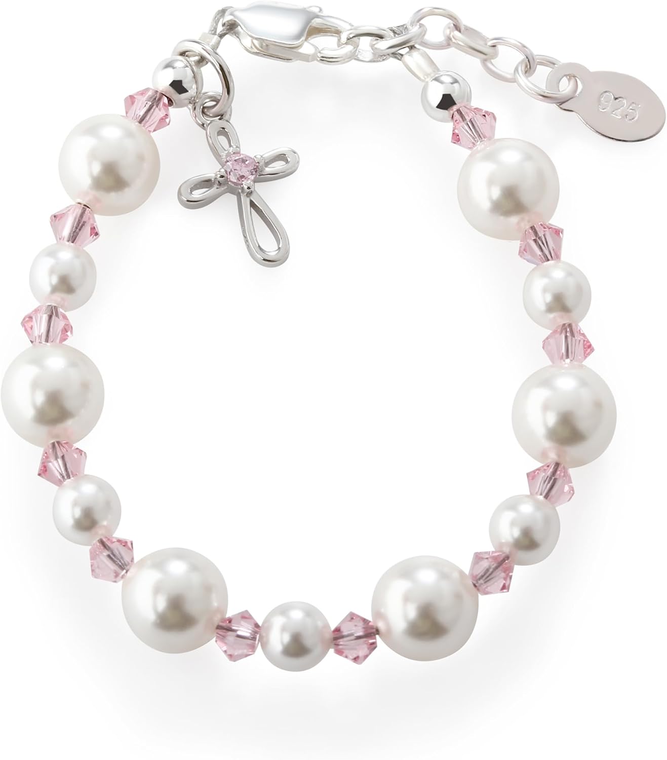 Cherished Moments 925 Sterling Silver Bracelet for Girls with Simulated Pearls and Crystals and Cross Charm First Communion Gift