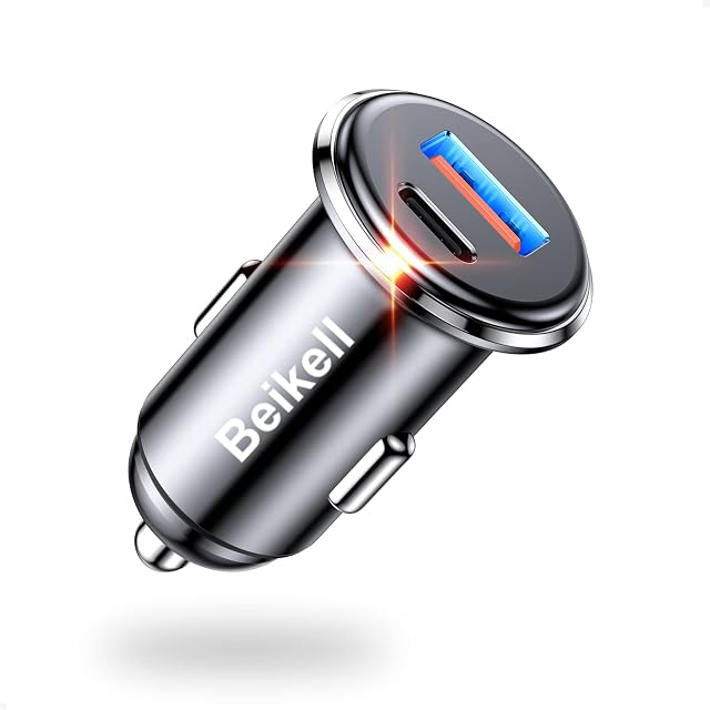 USB C Car Charger, Beikell 48W PD&QC 3.0 Dual Ports Fast USB Car Charger - Mini & All Metal Design USB C Cigarette Lighter Car Adapter for iPhone 14/14 Plus/14 Pro Max/13, Galaxy, Tablets, etc.