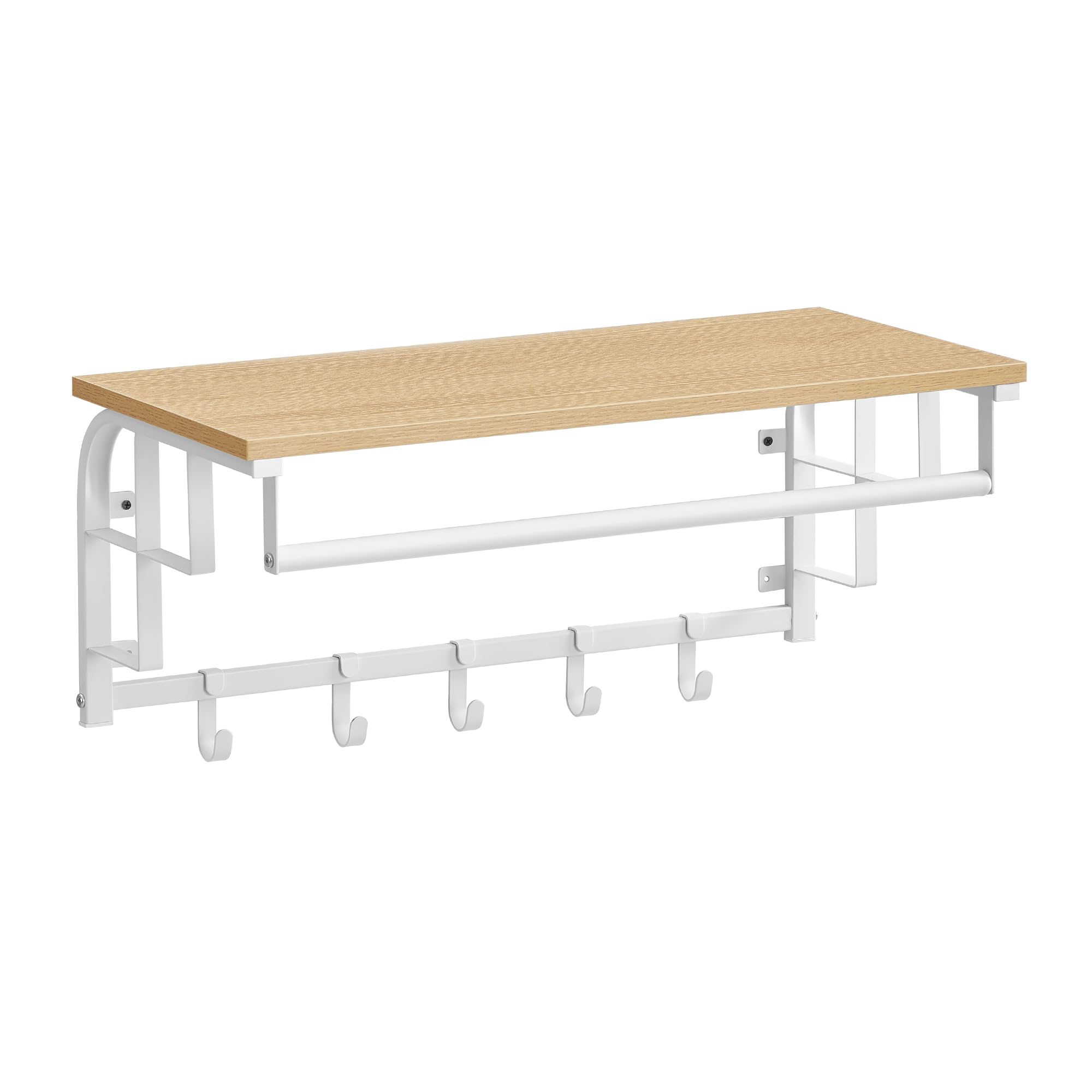 VASAGLE Wandgarderobe mit Ablage, Wandregal, mit 5 abnehmbaren Haken, wandmontiertes Hängeregal mit Hängestange, für Flur, Schlafzimmer und Wohnzimmer, goldeichenfarben-wolkenweiß LCR012N01