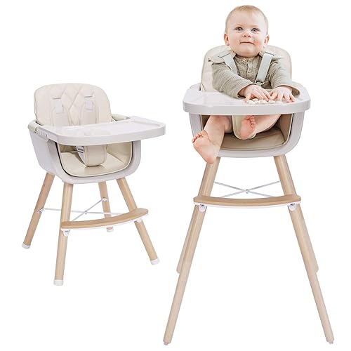 Miniatura 1 de Silla alta de madera convertible 3 en 1, silla alta para bebé con patas ajustables y bandeja apta para lavavajillas, hecha de elegante madera dura y