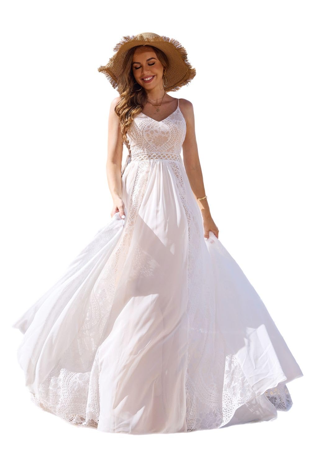 Spaghetti Chiffon Beach Wedding Dress V Neck A line Bridal Gowns Lace Plus Size Wedding Dress
