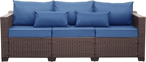 Rattaner Muebles de patio, sofá de 3 plazas, muebles de exterior, sofá de exterior, asiento profundo, respaldo alto con funda impermeable, cojines