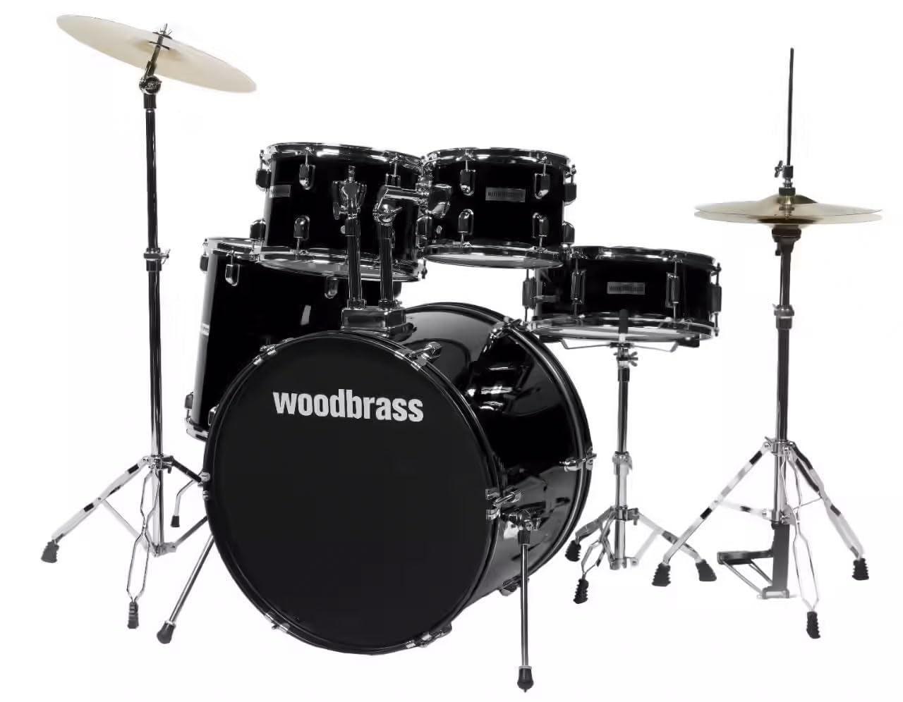 Woodbrass AD100 Batterie Noir Brillant - Idéale pour Débutants, Prête à l'emploi, Accessoires inclus - Kit batterie acoustique complet fûts en peuplier