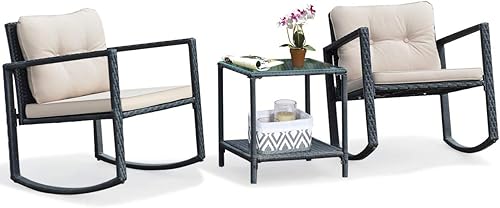 Tangkula Juego de 3 mecedoras de mimbre para patio, mecedoras al aire libre y mesa con cojines, mesa de centro de cristal con estante de