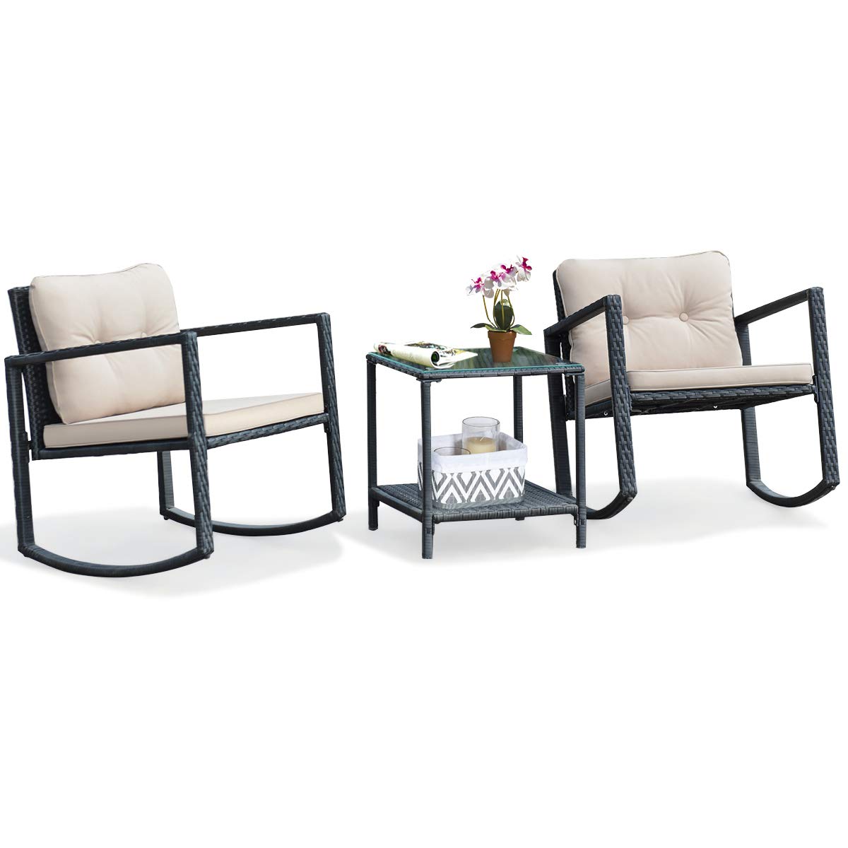 Juego de 3 mecedoras de mimbre para patio, mecedoras al aire libre y mesa con cojines, mesa de centro de cristal con estante de almacenamiento, adecuada para patio, jardín, piscina, balcón
