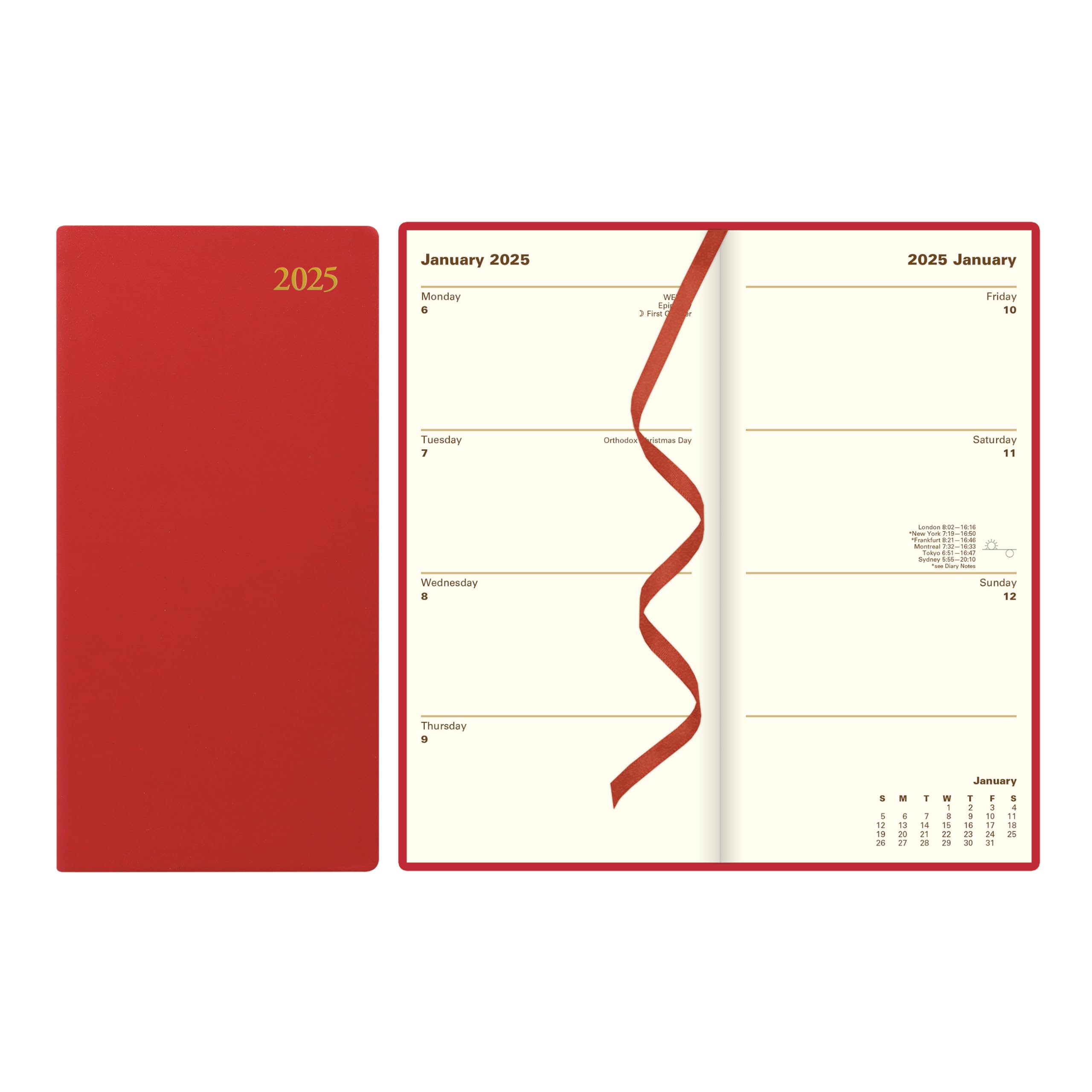 Letts of London Signature Slim Wochenansicht Leder Tagebuch mit Planern 2025, 17,3 cm Höhe, Rot, Büro- und Schulbedarf