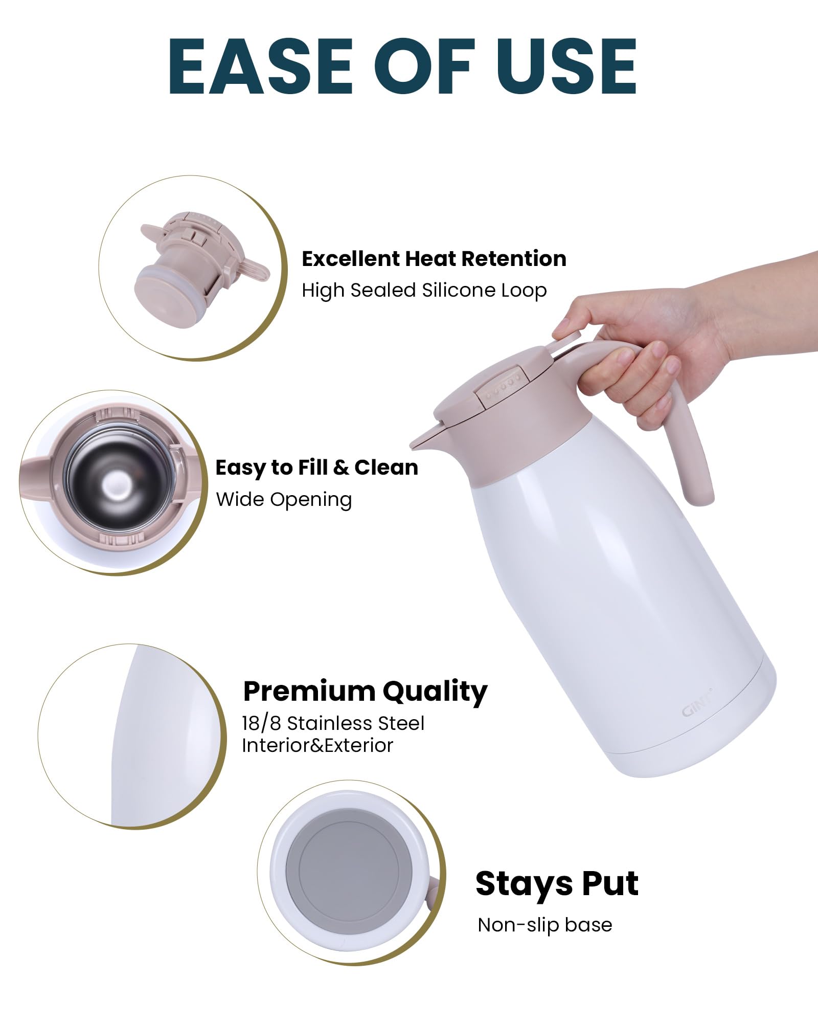 GiNT Jarra de café térmica de acero inoxidable con tapa, termo de doble pared al vacío, retención de calor de 12 horas, 1,9 L, color blanco