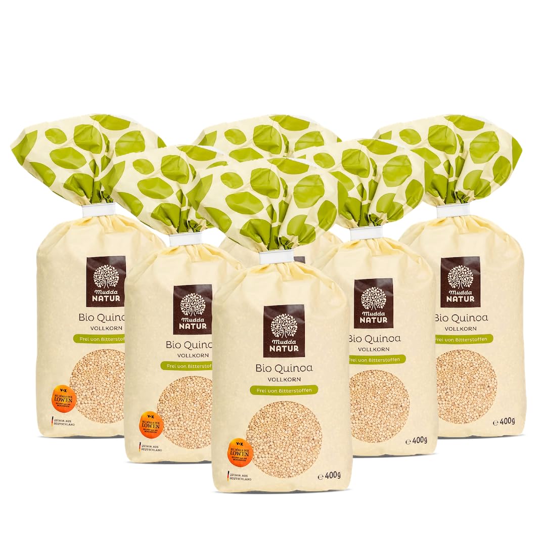 Mudda Natur Bio Vollkorn Quinoa (6x400g), angebaut in Deutschland - glutenfrei, vegan & frei von Bitterstoffen, ohne Waschen direkt kochen. Protein-, Eisen- & Ballaststoffquelle