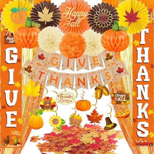 Thanksgiving Party Decorations Supplies, Thanksgiving Banner Hanging Swirls for Autumn Holiday, Turkey Autumn Hanging Decorations, Thanksgiving Foil Fringe Curtain, GIVE THANKS Hanging Banner Sign