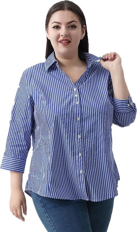 Plus Size 3/4 Sleeve Shirts for Women Button Down Shirts V Neck Women Blouses Tops Business Casual Stretch Shirts