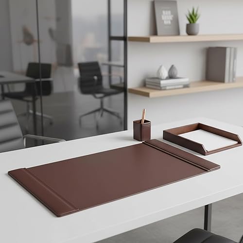 Miniatura 7 de Dacasso Juego con rieles laterales de cuero de lujo y artículos esenciales de organización de escritorio, 34 x 20 pulgadas, marrón chocolate