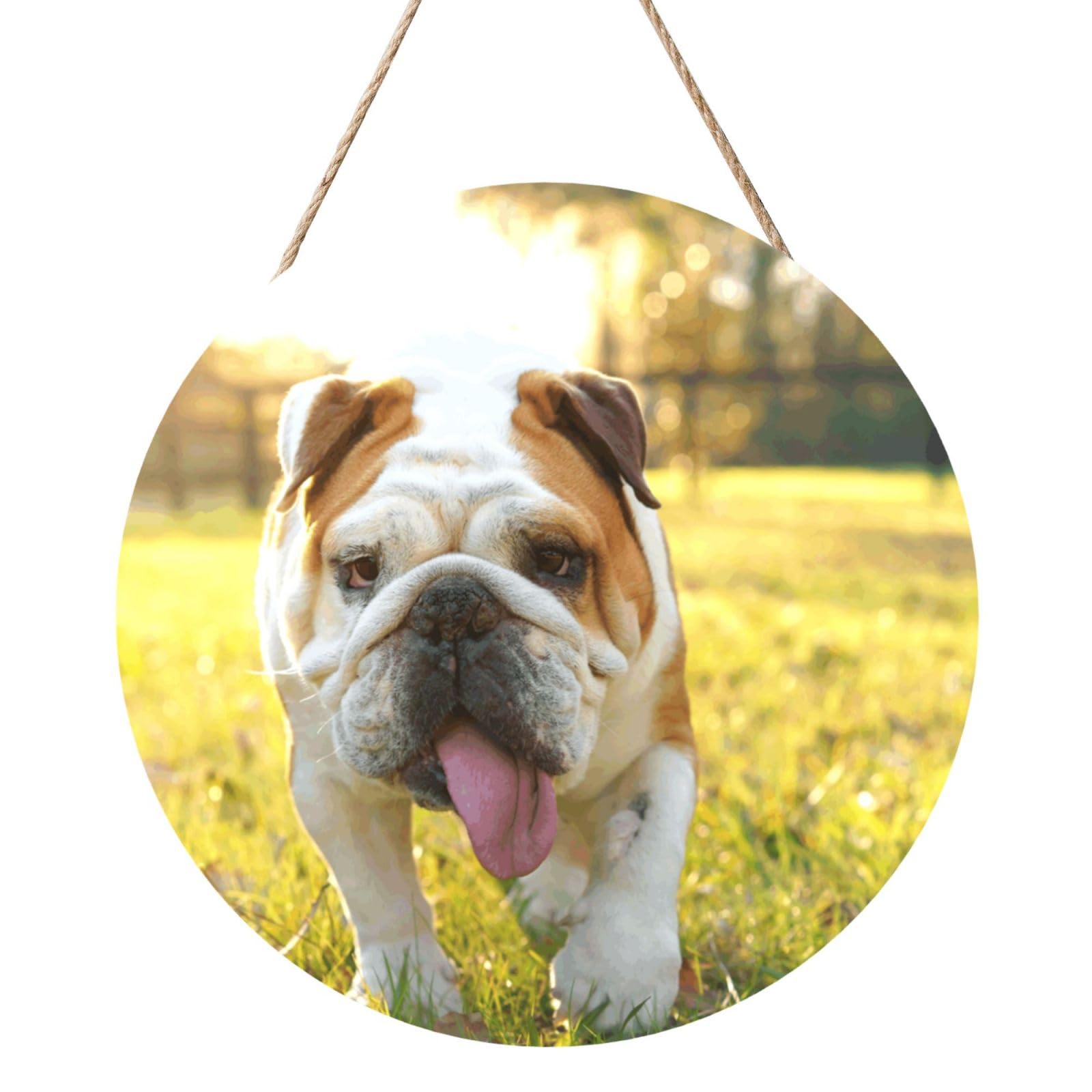 InOmak Cute Bulldog Puppy Print, Round Wood Panel Painting 12 in, Wall Hanging Painting For Home