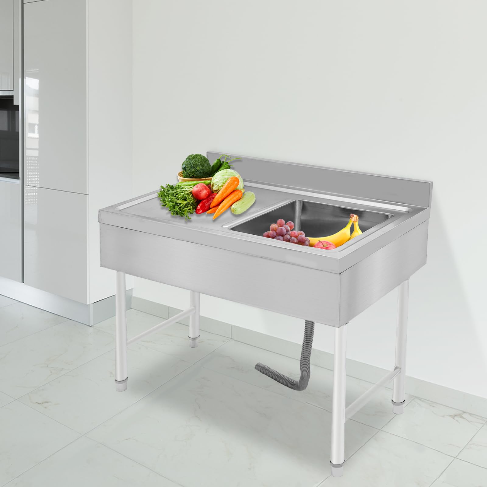 Lavabo da cucina indipendente, piano di lavoro in acciaio inox con 2 vasche senza rubinetto, scaffale a tre livelli, 100 x 50 x 80 cm