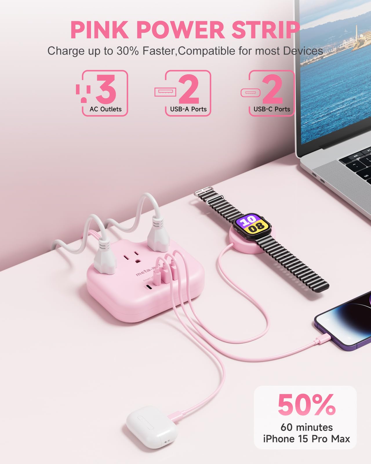 Meta-ant - Cable de extensión rosa de 5 pies, cable de extensión plano con 3 tomacorrientes, 4 USB (2 USB-C) 3.1A, tira de alimentación, cable largo rosa 1625W, compacto para lindo computadora Kawaii