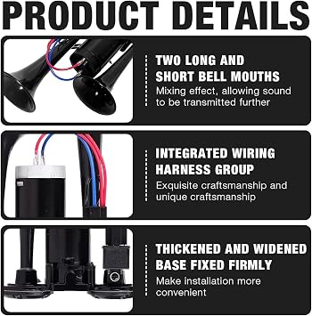 Air Horn 12V, 150 DB Super Loud Car Horn, Double Tube Train Horn with Compressor for Trucks Trains Lorrys Cars Boats Van (Black)