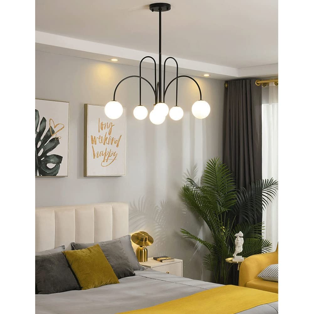 Suspensions Lustre lampe Lampe pendante Globe en verre au lait à 6 lumières Lustre boule en métal et verre avec tiges ajustables for îlot de cuisine Chambre à coucher Foyer Entrée Salon ( Color : Blac