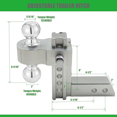 Miniatura 2 de Enganche de remolque ajustable, dos bolas (2 pulgadas, 2-516 pulgadas), solo se adapta a receptor de 2 pulgadas, enganche de caída de 6 pulgadas