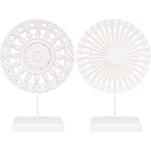 AXEARTE Wooden Carved Cutout Sector Medallion Sculpture 2 Pack, Rustic Distressed White MDF Statues Home Tabletop Decor, Decorative Ornaments for Living Room, Bedroom, Office Desktop, Cabinets