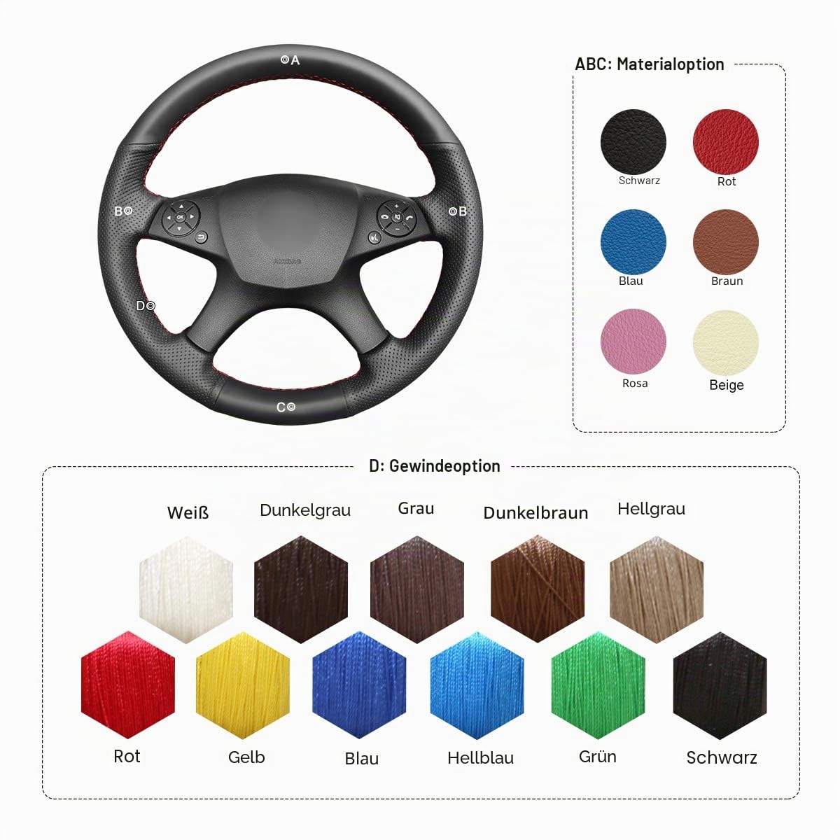 MEWANT Lenkradbezug für Benz W204 C-Klasse 2007-2010 C280 C230 C180 C260 C200 C300 Lenkradhülle aus Kunstleder Mikrofaser Leder Lenkradbezug per Hand Nähen