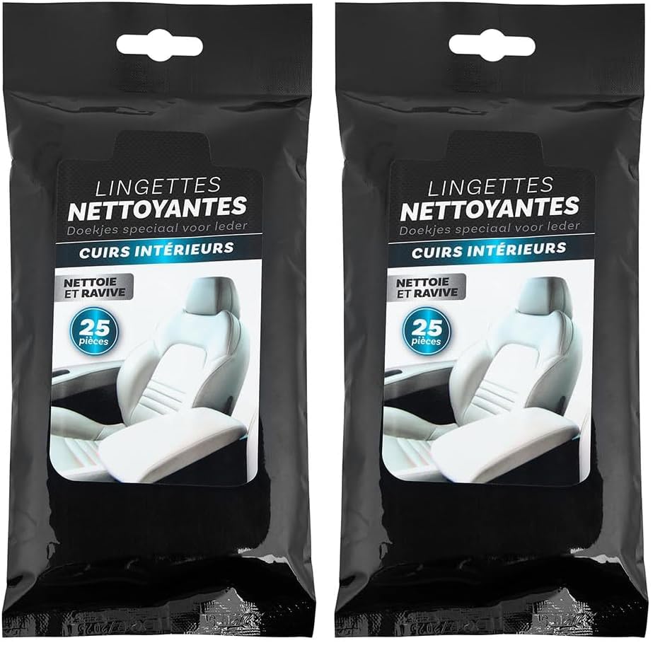 TURBOCAR - Lingettes Nettoyantes Spécial Cuir - Sachet Refermable de 25 Lingettes - Nettoient, Rénovent et Protègent Tous les Cuirs - Pratique (Lot de 2)