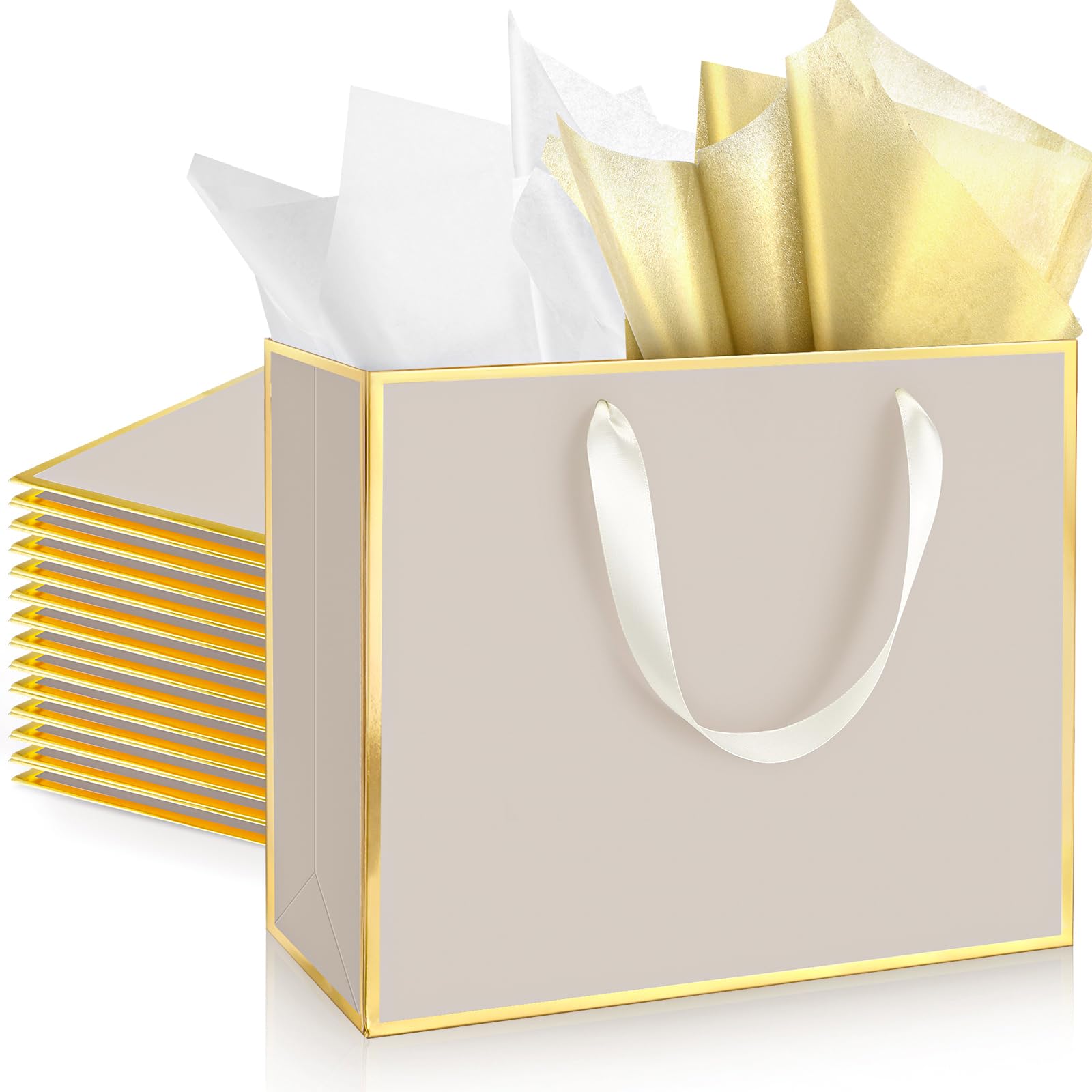 ReliThick 12 Pack Paper Gift Bag with Handles &amp; Tissue, Champagne, Gold