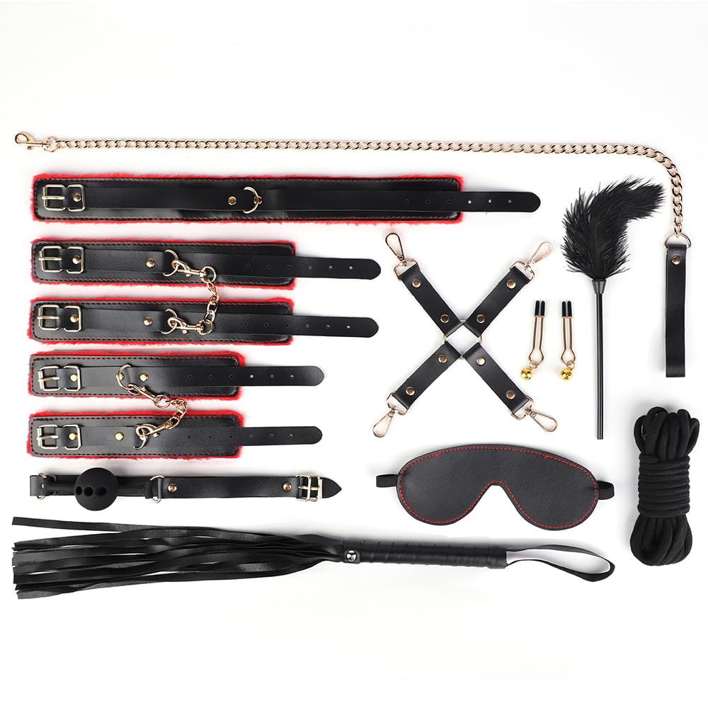 Kit de Bondage en Cuir Noir et Rouge, 10 Pièces, Accessoires avec Chaînes