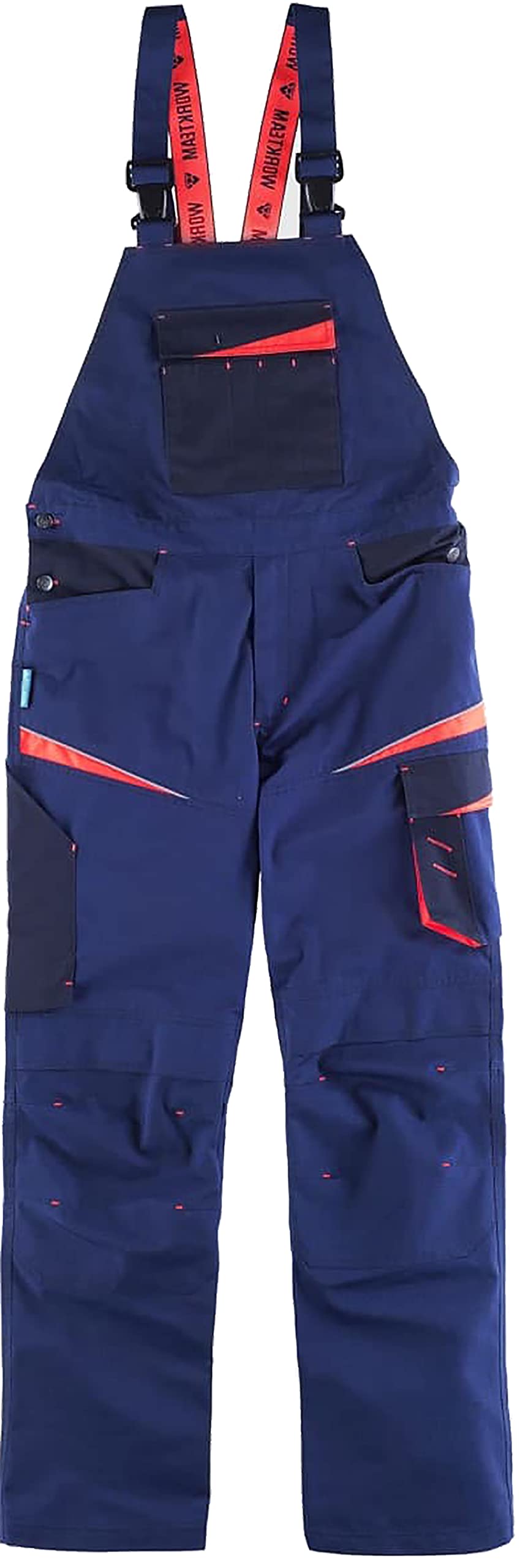 Teamwork Workteam Pantalones con Peto de Trabajo. Tejido Canvas (Extremadamente Resistente y Duradero). Tirantes con elástico y Hebillas automáticas. Unisex Marino+Marino Oscuro+Rojo A.V. XL