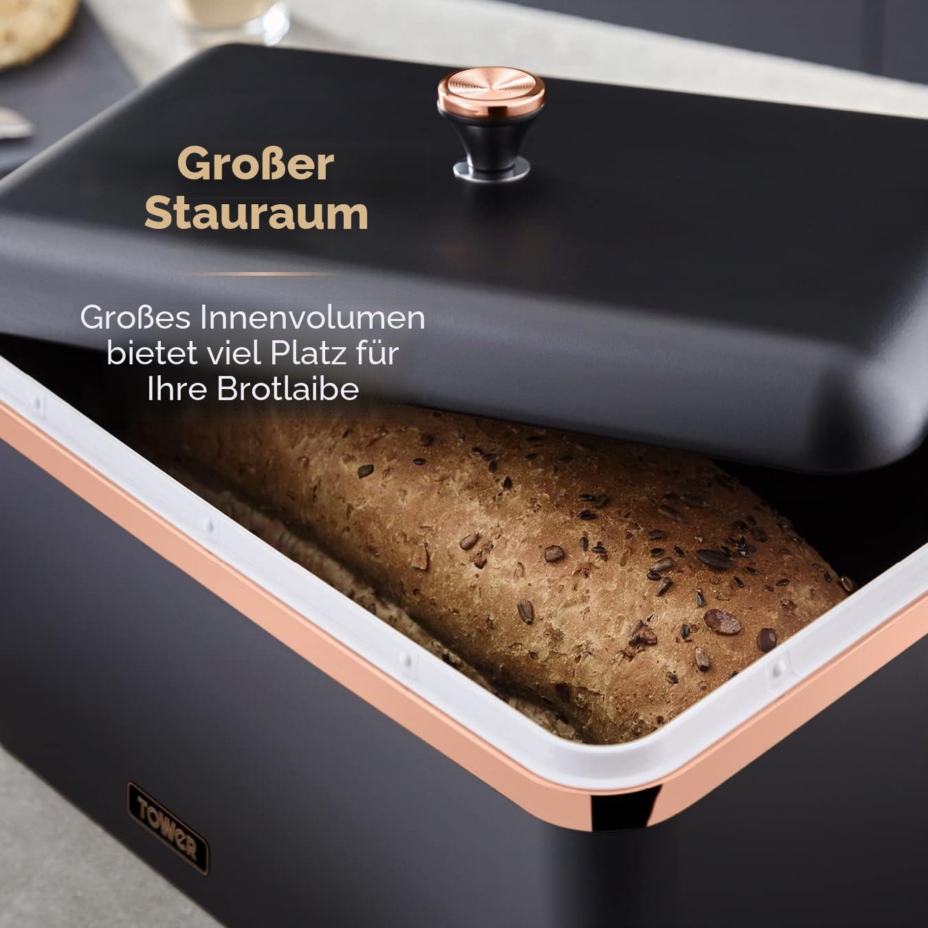 Tower T826130BLK Cavaletto Brotkasten-Aufbewahrung, Karbonstahl, Abnehmbarer Deckel, Schwarz und Rotgold, 23 x 35 x 24 cm