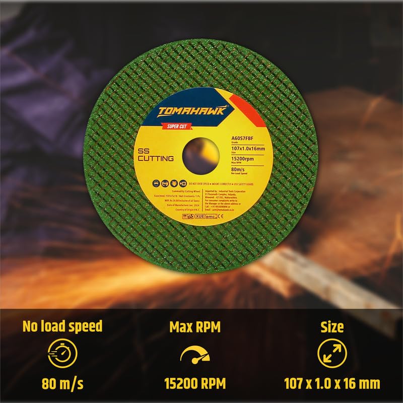 Image of TOMAHAWK 4-inch Cut Off Wheel - Double Net- for Metal & Stainless Steel- Cutting Pack of 50pcs- Compatible with 4 inch Angle Grinder -107x1.0x16mm- Green- 6-month warranty