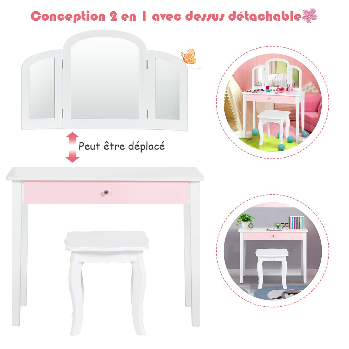 COSTWAY Coiffeuse pour Enfants avec Miroir à Trois Volets, Ensemble de Coiffeuse 2-en-1 avec Dessus Amovible, Tabouret Inclus, Jeu de Simulation de Beauté pour Filles (Blanc)