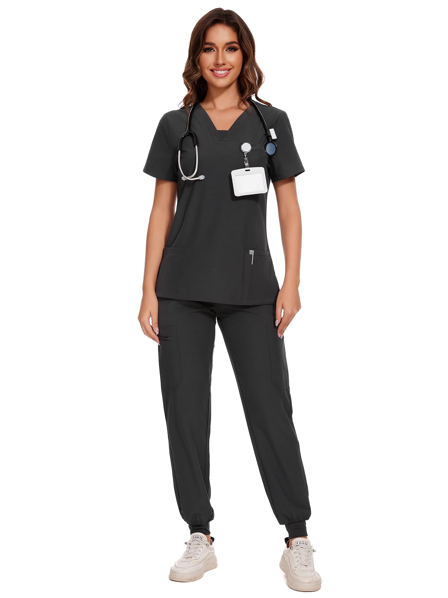 COZYFIT Scrubs for Women - V-Neck Top & Cargo Pants Scrubs Set 10 Pockets | Water-Resistant, Easy Care, Workday Utility, For Nurses, Clinics, Long Shifts, Daily Medical Uniforms