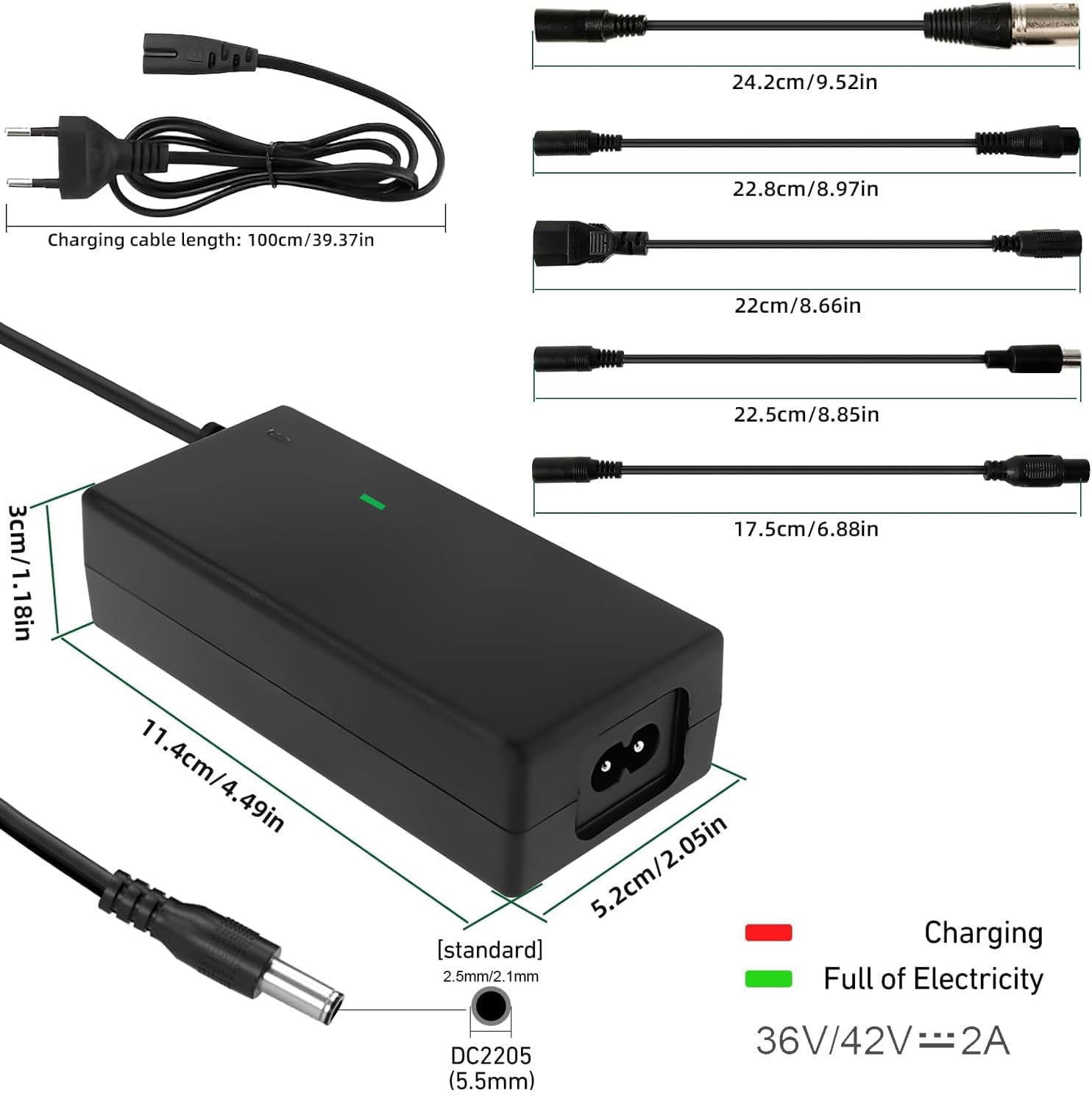 Chargeur Universel 42V 2A Pour Trottinette électrique, Hoverboard, Scooter - 6 Connecteurs Inclus, Indicateur LED