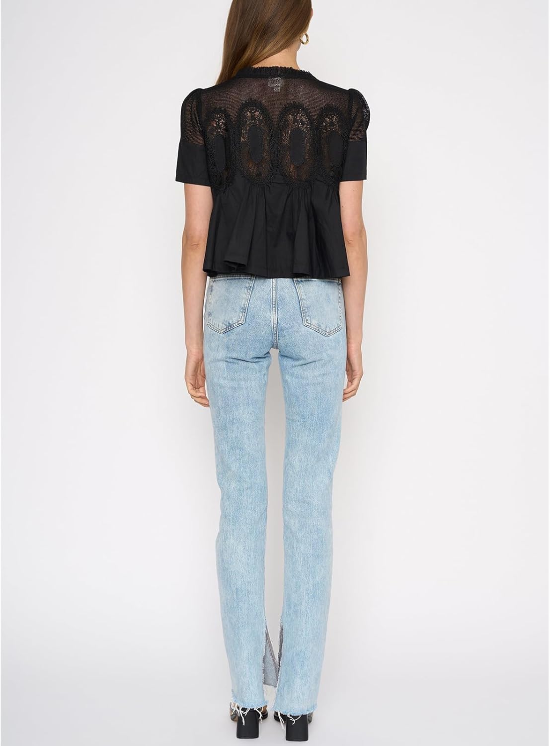 Women's Babydoll Tops Short Sleeve Lace Detail Blouses Flared Pleated Swing Sheer Mesh Shirts - Image 4